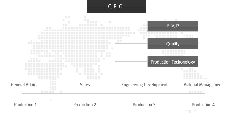 Organization Chart: CEO — EVP, Quality, Production Technology — General Affairs, Sales, Engineering Development, Material Management — Production 1-4